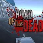 Egy autóúton haladó jármű tetején egy karakter áll, miközben a kép közepén a ROAD OF THE DEAD felirat látható vércseppekkel