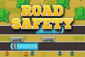 A kép színes útszakaszt ábrázol kisbuszokkal, fákkal és emberekkel, a „ROAD SAFETY” felirattal a tetején