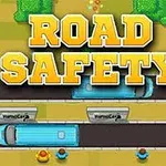 A kép színes útszakaszt ábrázol kisbuszokkal, fákkal és emberekkel, a „ROAD SAFETY” felirattal a tetején