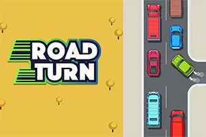 Színes autók egy kereszteződésnél, sárga háttérrel és Road Turn felirattal