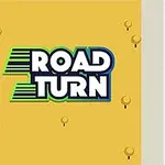 Színes autók egy kereszteződésnél, sárga háttérrel és Road Turn felirattal