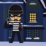 Rajzfilmfigura betörő fekete-fehér csíkos ruhában, éjszakai háttérrel és sötét épületekkel
