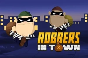 Két rajzfilmszerű rabló csíkos ruhában, kifeszített szemmaszkkal, éjszakai város háttérrel és a Robbers in Town szöveggel