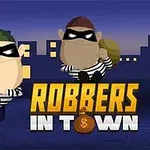 Két rajzfilmszerű rabló csíkos ruhában, kifeszített szemmaszkkal, éjszakai város háttérrel és a Robbers in Town szöveggel