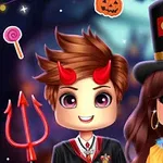 Két rajzfilmszerű figura jelmezben, az egyik ördögszarvakkal és villával, a másik cirkuszi kalapban és bohócruhában, színes cukorkák és egy halloween tök előtt