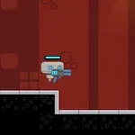 Egy pixelgrafikás robot fegyverrel szemben áll egy másik lebegő robottal piros háttér előtt
