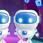 Két aranyos, világító szemű robot egy futurisztikus városi háttér előtt, lebegő kék kockákkal körülvéve