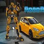 Egy sárga autó és egy sárga robot áll együtt egy műhelyben, háttérben „RoboRacing” felirattal