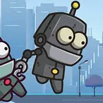 Két rajzfilmszerű robot, akik egymást kézen fogva lebegnek egy városi háttér előtt