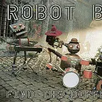 Robotokból álló zenekar játszik hangszereken egy macskaköves utcán