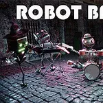 Robotokból álló zenekar, különböző hangszerekkel egy macskaköves utcán, készülődés a fellépésre