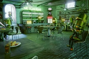 Egy futurisztikus bár belső terében robotok ülnek asztaloknál, körülvéve retro berendezésekkel és neonszivárványos világítással