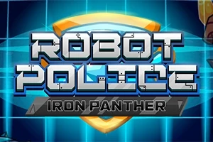 A képen kék háttér előtt egy fémbetűs Robot Police Iron Panther felirat látható egy pajzs alakú szimbólummal