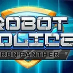 A képen kék háttér előtt egy fémbetűs Robot Police Iron Panther felirat látható egy pajzs alakú szimbólummal