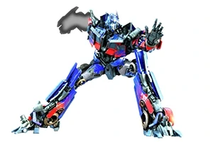 Egy kék és piros színű, robosztus robot harci pózban, fehér háttér előtt