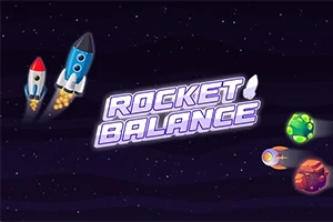 Két rakéta repül csillagos űr háttér előtt a Rocket Balance felirat mellett, színes bolygókkal a jobb oldalon