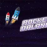 Két rakéta repül csillagos űr háttér előtt a Rocket Balance felirat mellett, színes bolygókkal a jobb oldalon