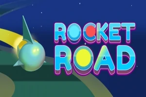 Színes rakéta alakú tárgy egy kanyargós úton, csillagos háttérrel és a Rocket Road felirattal