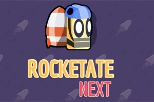 Rajzolt figura kék sisakkal és rakétával, alatta ROCKETATE NEXT felirat, lila háttéren