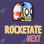 Rajzolt figura kék sisakkal és rakétával, alatta ROCKETATE NEXT felirat, lila háttéren