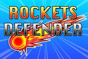 Színes, dinamikus háttér előtt egy stilizált, lángoló meteor és az ROCKETS DEFENDER felirat látható