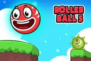 Egy mosolygó, piros gömb egy zöld platformon ugrik, szemben egy tüskés, egy szemű lény és a Roller Ball 5 felirat