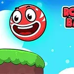 Egy mosolygó, piros gömb egy zöld platformon ugrik, szemben egy tüskés, egy szemű lény és a Roller Ball 5 felirat