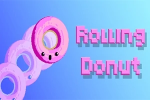 Rózsaszín fánk arcocskával, pixeles háttérrel és Rolling Donut felirattal