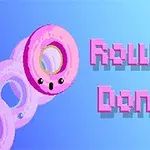 Rózsaszín fánk arcocskával, pixeles háttérrel és Rolling Donut felirattal