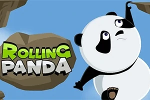 Rajzfilm stílusú panda kapaszkodik egy sziklába kék háttér előtt