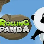 Rajzfilm stílusú panda kapaszkodik egy sziklába kék háttér előtt