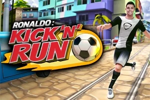 Egy futballista fut egy városi utcán, miközben mellette egy labda és a Kick n Run felirat látható
