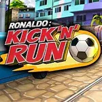 Egy futballista fut egy városi utcán, miközben mellette egy labda és a Kick n Run felirat látható