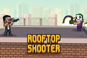 Két pixelart figura áll szemben egymással egy tetőn, az egyik puskával, a másik lila ruhában rakétavetővel, háttérben városképpel és „ROOFTOP SHOOTER” felirattal