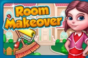 Rajzolt lány áll egy nagy ház előtt, mellette egy ecset és egy festőhenger, a Room Makeover felirat látható