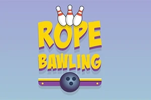 Három bowling bábu felett sárga és lila betűkkel a Rope Bawling felirat látható bowling golyóval díszítve