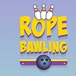 Három bowling bábu felett sárga és lila betűkkel a Rope Bawling felirat látható bowling golyóval díszítve