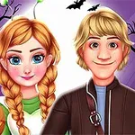 Rajzfilmfigura pár Halloween jelmezben, töklámpással, sötét hátérben