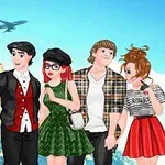 Négy fiatal rajzfilmfigura áll a világ ismert nevezetességei előtt, miközben szelfit készítenek