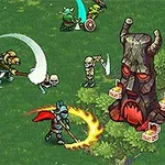 Középkori csatajelenet, amelyben különböző fantasy karakterek, mint például lovagok, csontvázak és varázslók harcolnak egy vár és egy szoborszerű építmény közelében