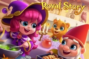 Royal Story Egy rajzfilmstílusú kép, amelyen egy boszorkánynak öltözött lány főz, mellette egy manó és egy maciszerű karakter látható vidám környezetben