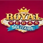 Egy logó piros háttérrel, amelyen arany korona és a ROYAL VEGAS SOLITAIRE felirat látható, díszített, világító betűkkel