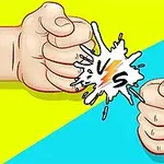 Két ököl összefeszül egy sárga és kék háttér előtt, középen VS felirattal