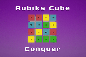 Színes, számozott kockákból álló négyzetminta lila háttér előtt, Rubiks Cube Conquer felirattal