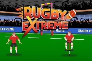Két rajzolt rögbijátékos látható egy zöld pályán, háttérben lelátóval és Rugby Extreme felirattal
