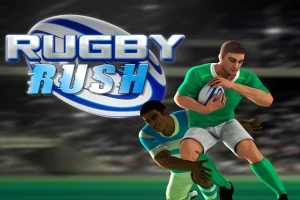 Két rugby játékos küzd a pályán; a zöld mezben lévő játékos a labdát tartja és próbál elmenekülni a másik elől, miközben a háttérben egy stadion homályosan látható