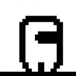 Fekete-fehér, pixeles karakter stilizált képe, egyszerű, körvonalas kivitelben
