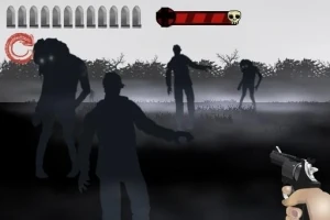 Sötét ködös tájon gyalogló zombik, pisztolyt tartó kéz az előtérben