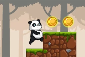 Egy rajzfilmszerű panda két aranyérme mellett áll egy mohával borított kőplatformon, erdei háttérrel