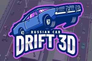 A képen egy kék autó grafikája látható Russian Car Drift 3D felirattal, háttérben egy elmosódott városi környezettel